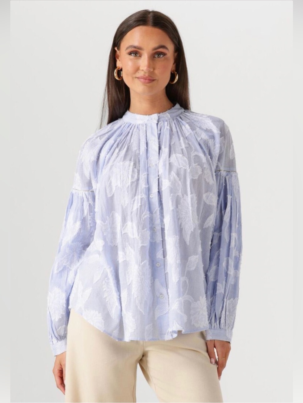 Mes Demoiselles Light Blue Floral Textured Button-Front Women's Blouse